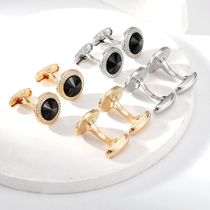 Picture of Stoned Round French Cufflinks Pair Set For Men (1 Pair) (Silver Black Stone)