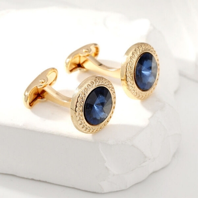 Picture of Stoned Round French Cufflinks Pair Set For Men (1 Pair) (Golden Blue Stone)