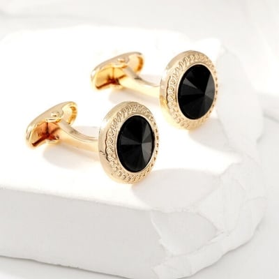 Picture of Stoned Round French Cufflinks Pair Set For Men (1 Pair) (Golden Black Stone)