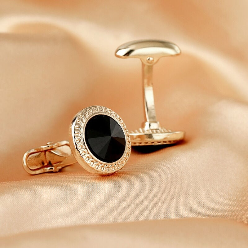 Picture of Stoned Round French Cufflinks Pair Set For Men (1 Pair) (Golden Black Stone)