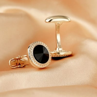 Picture of Stoned Round French Cufflinks Pair Set For Men (1 Pair) (Golden Black Stone)