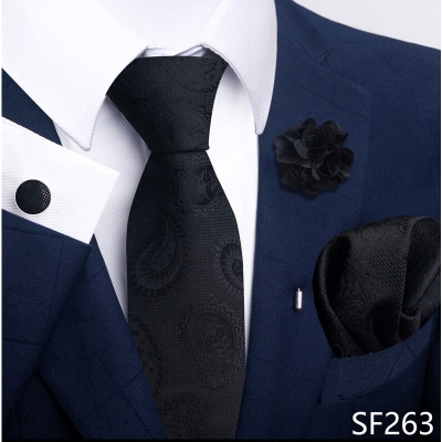 Picture of Luxury Fashionable Neck Tie + Pocket Square + Cufflinks & Lapel Flower 4 item Tie Set For Men (1Set)-No Box (SF263,Int: One size)