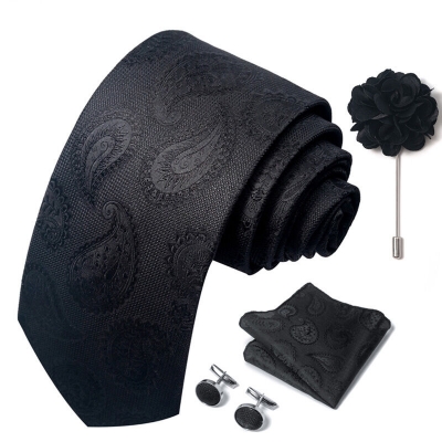 Picture of Luxury Fashionable Neck Tie + Pocket Square + Cufflinks & Lapel Flower 4 item Tie Set For Men (1Set)-No Box (SF263,Int: One size)