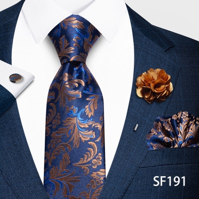 Picture of Luxury Fashionable Neck Tie + Pocket Square + Cufflinks & Lapel Flower 4 item Tie Set For Men (1Set)-No Box (SF191,Int: One size)