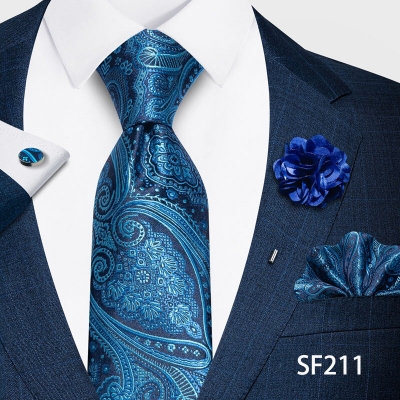 Picture of Luxury Fashionable Neck Tie + Pocket Square + Cufflinks & Lapel Flower 4 item Tie Set For Men (1Set)-No Box (SF211,Int: One size)