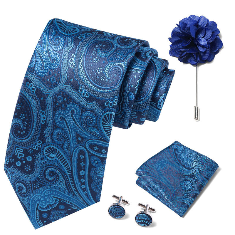 Picture of Luxury Fashionable Neck Tie + Pocket Square + Cufflinks & Lapel Flower 4 item Tie Set For Men (1Set)-No Box (SF211,Int: One size)