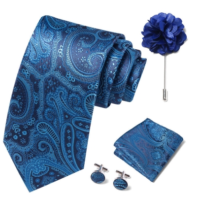 Picture of Luxury Fashionable Neck Tie + Pocket Square + Cufflinks & Lapel Flower 4 item Tie Set For Men (1Set)-No Box (SF211,Int: One size)