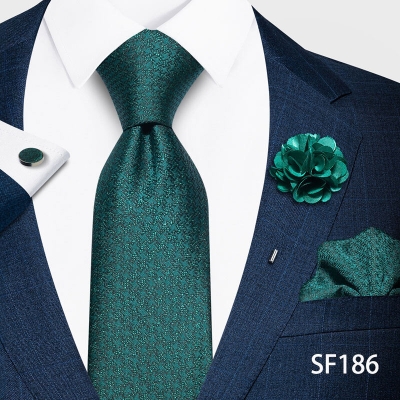 Picture of Luxury Fashionable Neck Tie + Pocket Square + Cufflinks & Lapel Flower 4 item Tie Set For Men (1Set)-No Box (SF186,Int: One size)