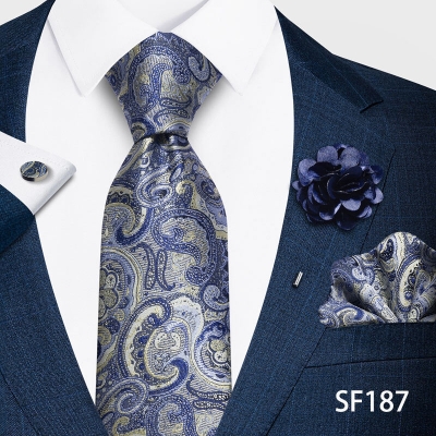 Picture of Luxury Fashionable Neck Tie + Pocket Square + Cufflinks & Lapel Flower 4 item Tie Set For Men (1Set)-No Box (SF187,Int: One size)
