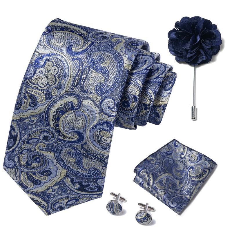 Picture of Luxury Fashionable Neck Tie + Pocket Square + Cufflinks & Lapel Flower 4 item Tie Set For Men (1Set)-No Box (SF187,Int: One size)
