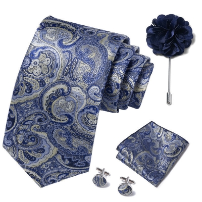Picture of Luxury Fashionable Neck Tie + Pocket Square + Cufflinks & Lapel Flower 4 item Tie Set For Men (1Set)-No Box (SF187,Int: One size)