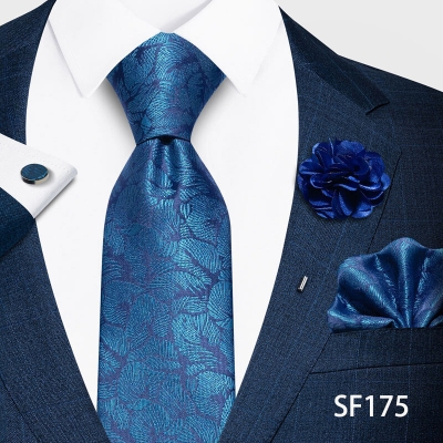 Picture of Luxury Fashionable Neck Tie + Pocket Square + Cufflinks & Lapel Flower 4 item Tie Set For Men (1Set)-No Box (SF175,Int: One size)