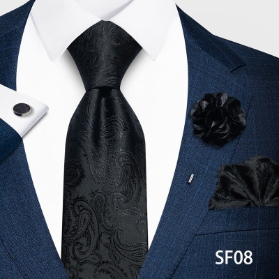 Picture of Luxury Fashionable Neck Tie + Pocket Square + Cufflinks & Lapel Flower 4 item Tie Set For Men (1Set)-No Box (SF08,Int: One size)