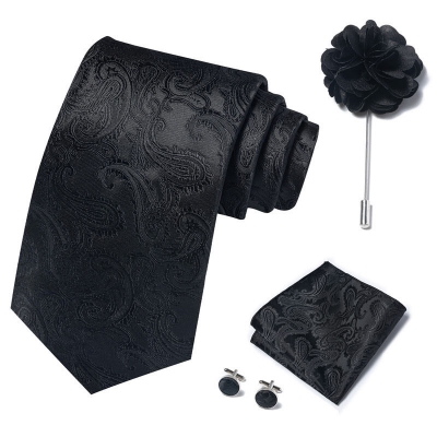 Picture of Luxury Fashionable Neck Tie + Pocket Square + Cufflinks & Lapel Flower 4 item Tie Set For Men (1Set)-No Box (SF08,Int: One size)