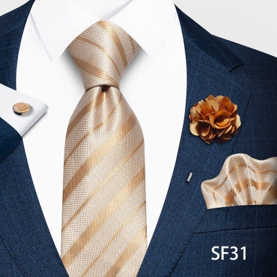 Picture of Luxury Fashionable Neck Tie + Pocket Square + Cufflinks & Lapel Flower 4 item Tie Set For Men (1Set)-No Box (SF31,Int: One size)