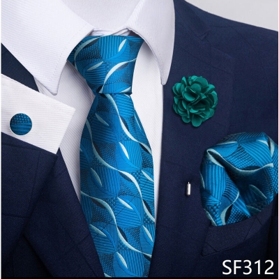 Picture of Luxury Fashionable Neck Tie + Pocket Square + Cufflinks & Lapel Flower 4 item Tie Set For Men (1Set)-No Box (SF312,Int: One size)