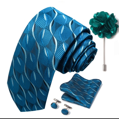 Picture of Luxury Fashionable Neck Tie + Pocket Square + Cufflinks & Lapel Flower 4 item Tie Set For Men (1Set)-No Box (SF312,Int: One size)