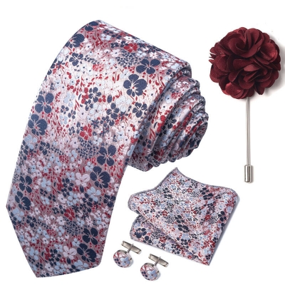 Picture of Luxury Fashionable Neck Tie + Pocket Square + Cufflinks & Lapel Flower 4 item Tie Set For Men (1Set)-No Box (SF315,Int: One size)