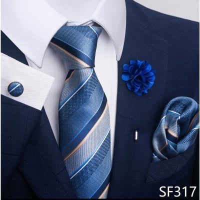 Picture of Luxury Fashionable Neck Tie + Pocket Square + Cufflinks & Lapel Flower 4 item Tie Set For Men (1Set)-No Box (SF317,Int: One size)