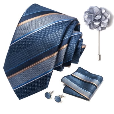 Picture of Luxury Fashionable Neck Tie + Pocket Square + Cufflinks & Lapel Flower 4 item Tie Set For Men (1Set)-No Box (SF317,Int: One size)