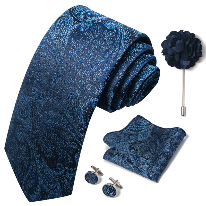 Picture of Luxury Fashionable Neck Tie + Pocket Square + Cufflinks & Lapel Flower 4 item Tie Set For Men (1Set)-No Box (SF270,Int: One size)