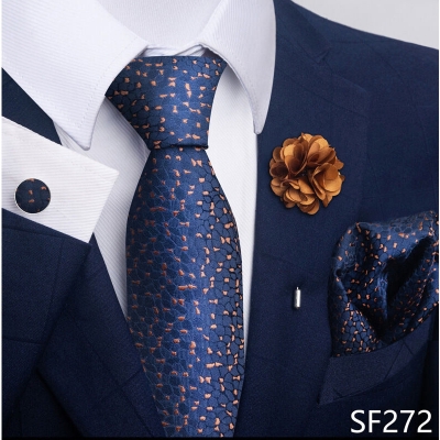 Picture of Luxury Fashionable Neck Tie + Pocket Square + Cufflinks & Lapel Flower 4 item Tie Set For Men (1Set)-No Box (SF272,Int: One size)