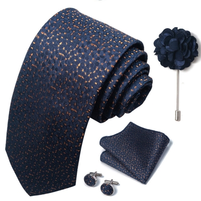 Picture of Luxury Fashionable Neck Tie + Pocket Square + Cufflinks & Lapel Flower 4 item Tie Set For Men (1Set)-No Box (SF272,Int: One size)