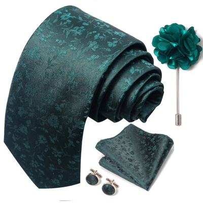Picture of Luxury Fashionable Neck Tie + Pocket Square + Cufflinks & Lapel Flower 4 item Tie Set For Men (1Set)-No Box (SF275,Int: One size)