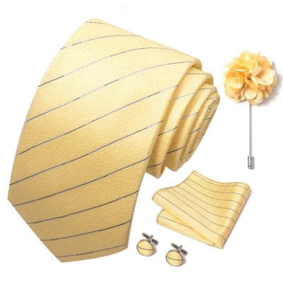Picture of Luxury Fashionable Neck Tie + Pocket Square + Cufflinks & Lapel Flower 4 item Tie Set For Men (1Set)-No Box (SF289,Int: One size)