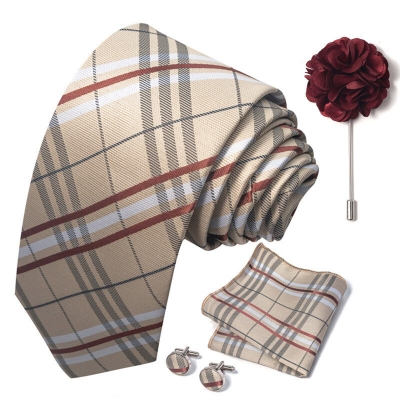 Picture of Luxury Fashionable Neck Tie + Pocket Square + Cufflinks & Lapel Flower 4 item Tie Set For Men (1Set)-No Box (SF292,Int: One size)