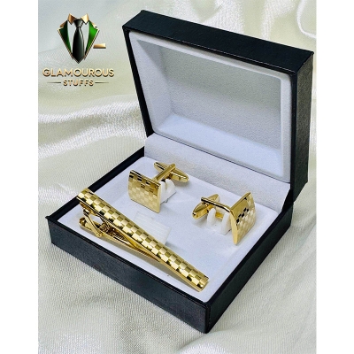 Picture of Luxury Cufflinks & Tie Clip Set for Men – Stylish French Cuff Shirt Accessories (1 Set) (Square Golden Set)