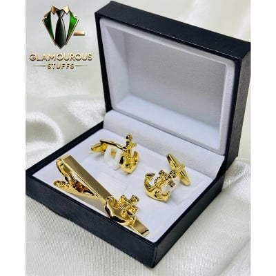 Picture of Luxury Anchor Cufflinks & Tie Clip Set For Men Fashion Shirt Accessories (1 Set) (Anchor Golden Set)