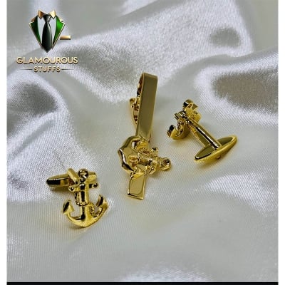 Picture of Luxury Anchor Cufflinks & Tie Clip Set For Men Fashion Shirt Accessories (1 Set) (Anchor Golden Set)