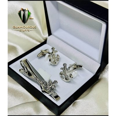 Picture of Luxury Anchor Cufflinks & Tie Clip Set For Men Fashion Shirt Accessories (1 Set) (Anchor Silver Set)