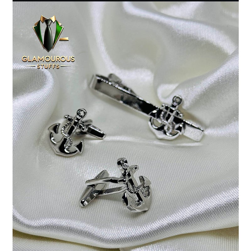 Picture of Luxury Anchor Cufflinks & Tie Clip Set For Men Fashion Shirt Accessories (1 Set) (Anchor Silver Set)
