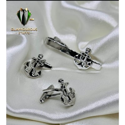 Picture of Luxury Anchor Cufflinks & Tie Clip Set For Men Fashion Shirt Accessories (1 Set) (Anchor Silver Set)