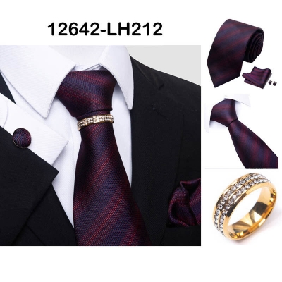 Picture of Luxury Jacquard Tie + Pocket Square + Cufflinks & Tie Knot Gold Ring 4 item Tie Set For Men (1 Set) (LH212,Int: One size)