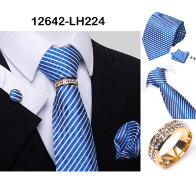 Picture of Luxury Jacquard Tie + Pocket Square + Cufflinks & Tie Knot Gold Ring 4 item Tie Set For Men (1 Set) (LH224,Int: One size)