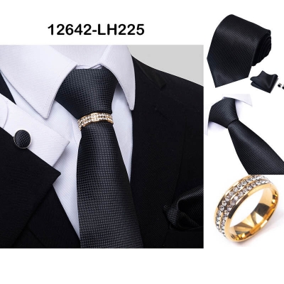 Picture of Luxury Jacquard Tie + Pocket Square + Cufflinks & Tie Knot Gold Ring 4 item Tie Set For Men (1 Set) (LH225,Int: One size)