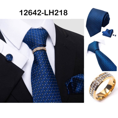 Picture of Luxury Jacquard Tie + Pocket Square + Cufflinks & Tie Knot Gold Ring 4 item Tie Set For Men (1 Set) (LH218,Int: One size)