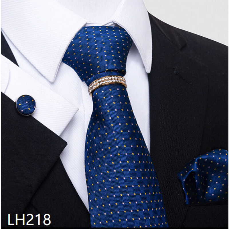 Picture of Luxury Jacquard Tie + Pocket Square + Cufflinks & Tie Knot Gold Ring 4 item Tie Set For Men (1 Set) (LH218,Int: One size)