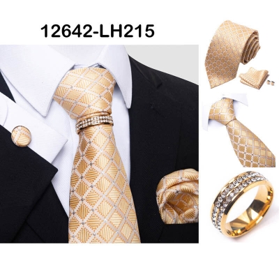Picture of Luxury Jacquard Tie + Pocket Square + Cufflinks & Tie Knot Gold Ring 4 item Tie Set For Men (1 Set) (LH215,Int: One size)