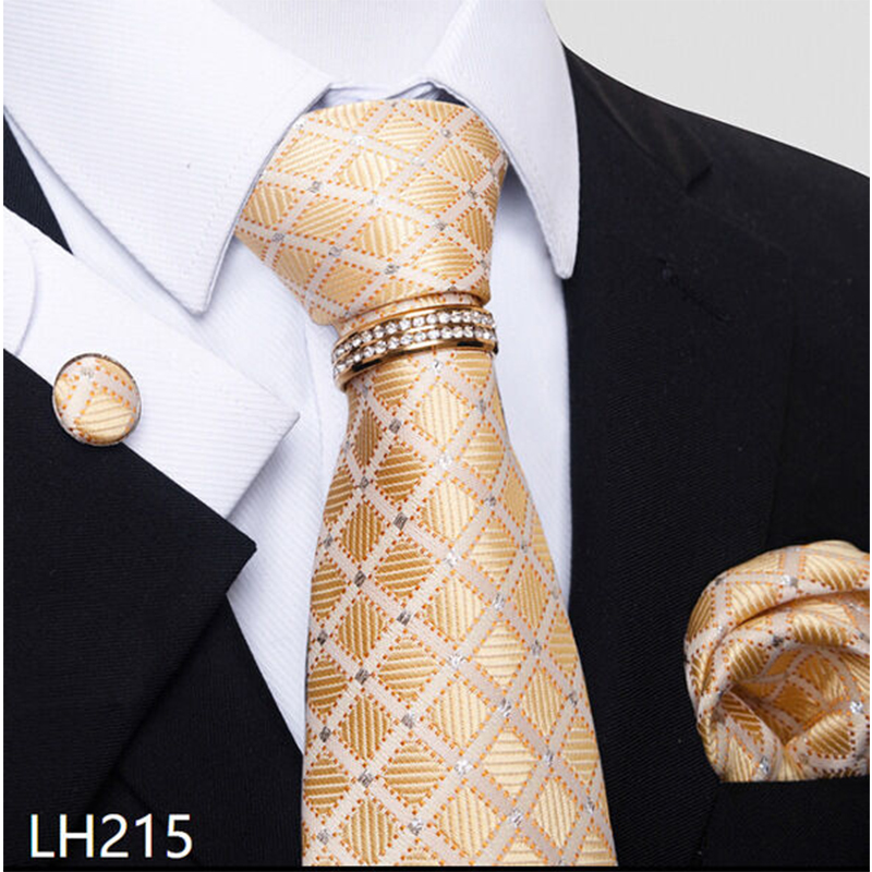 Picture of Luxury Jacquard Tie + Pocket Square + Cufflinks & Tie Knot Gold Ring 4 item Tie Set For Men (1 Set) (LH215,Int: One size)