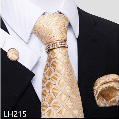 Picture of Luxury Jacquard Tie + Pocket Square + Cufflinks & Tie Knot Gold Ring 4 item Tie Set For Men (1 Set) (LH215,Int: One size)