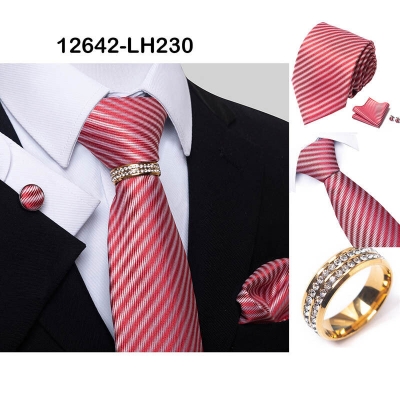 Picture of Luxury Jacquard Tie + Pocket Square + Cufflinks & Tie Knot Gold Ring 4 item Tie Set For Men (1 Set) (LH230,Int: One size)