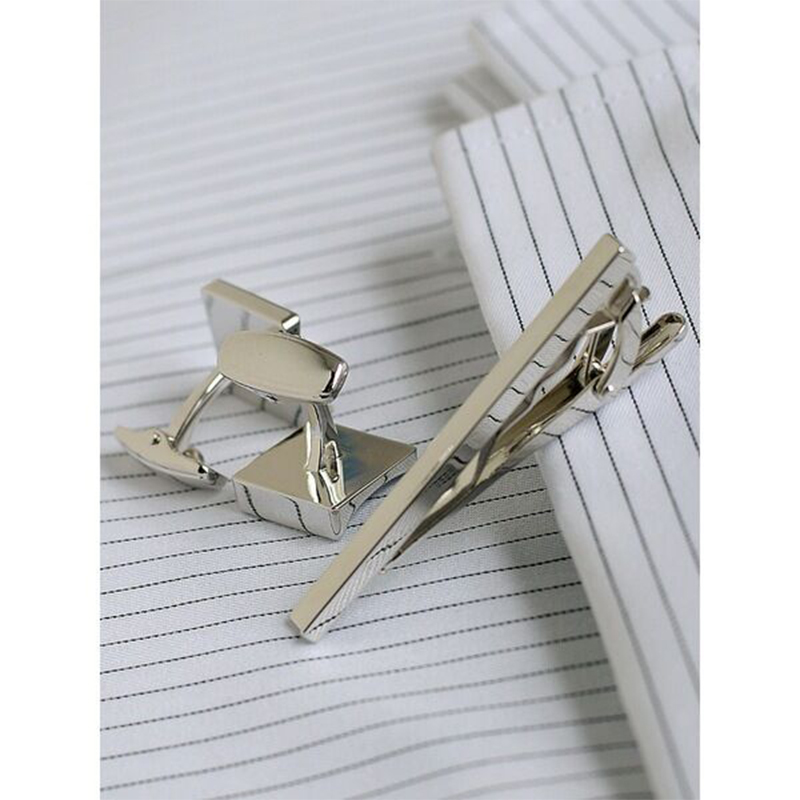 Picture of Luxury Square Cufflinks & Tie Clip Set For Men Fashion French Cuff Shirt Accessories (1Set) (Curved Solid Silver)