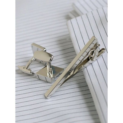 Picture of Luxury Square Cufflinks & Tie Clip Set For Men Fashion French Cuff Shirt Accessories (1Set) (Curved Solid Silver)
