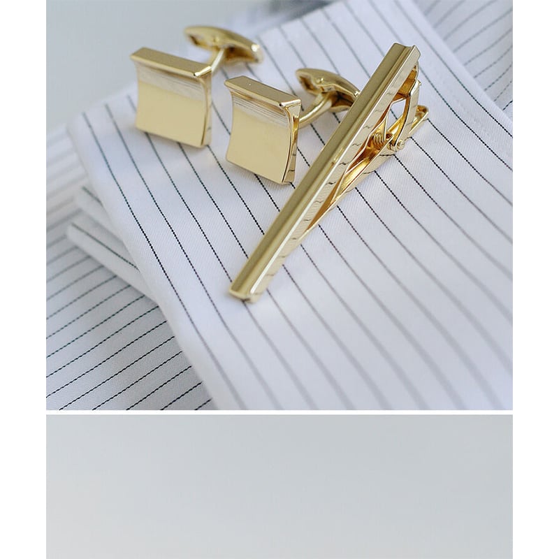 Picture of Luxury Square Cufflinks & Tie Clip Set For Men Fashion French Cuff Shirt Accessories (1Set) (Curved Solid Gold)