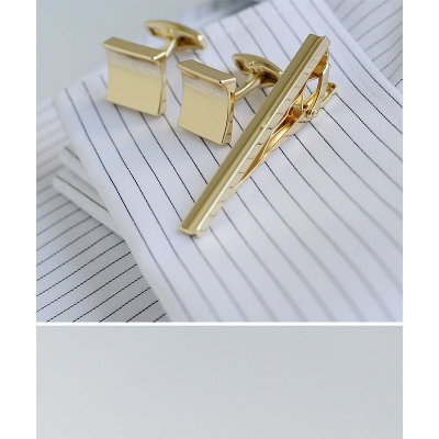 Picture of Luxury Square Cufflinks & Tie Clip Set For Men Fashion French Cuff Shirt Accessories (1Set) (Curved Solid Gold)