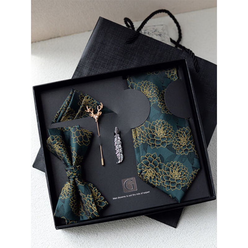 Picture of Men's High-Density Luxury Polyester Silk Fabrics  Patterned Tie Box 5 Item Set (1ps) (Floral Dark Green,Int: One size)
